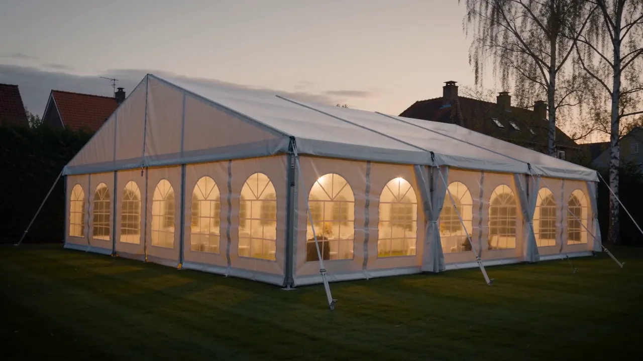 Eventcrewet rejser et festtelt i haven